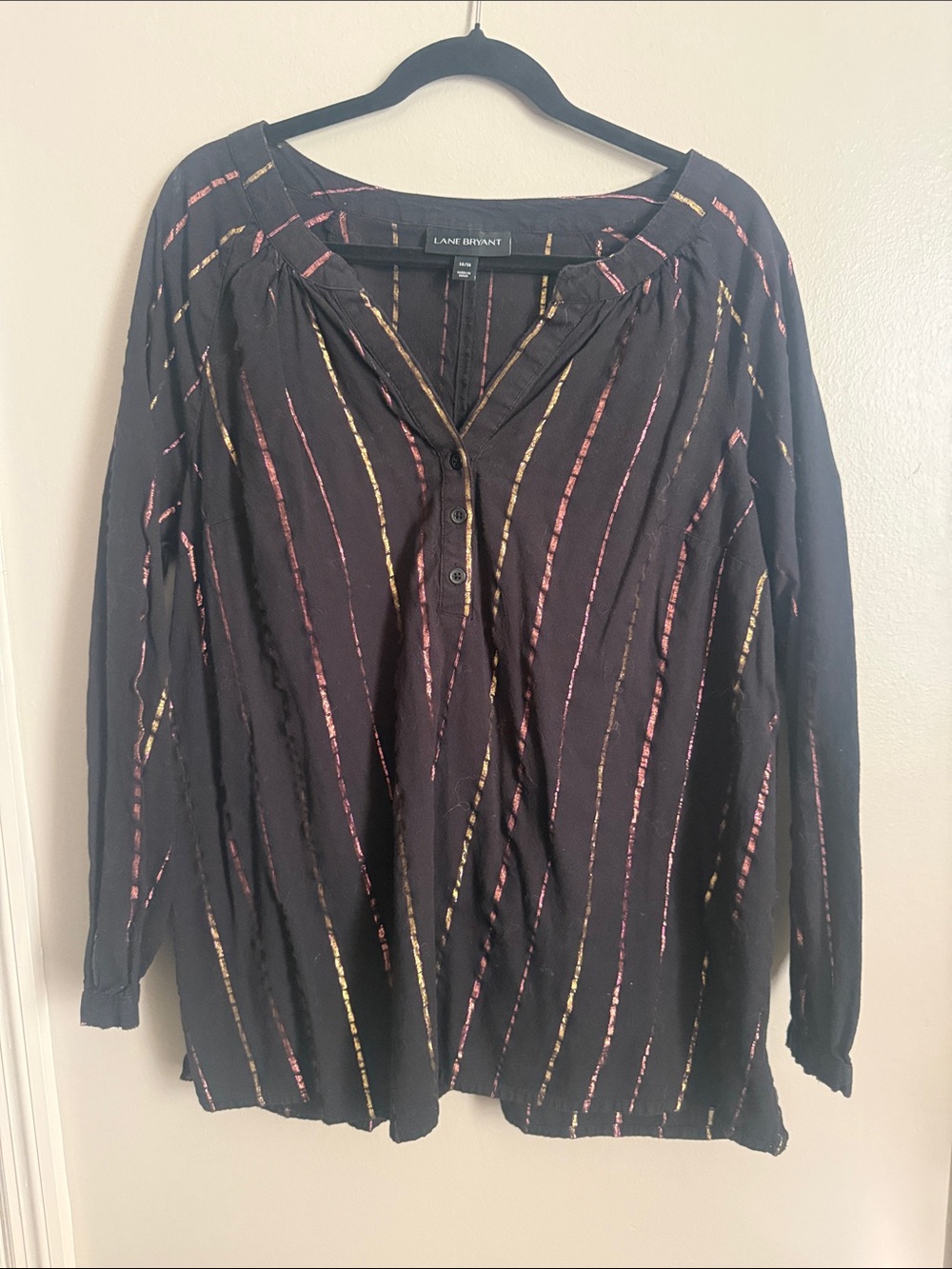 Lane Bryant Black Long-Sleeve Henley with Pink and Gold Stripes